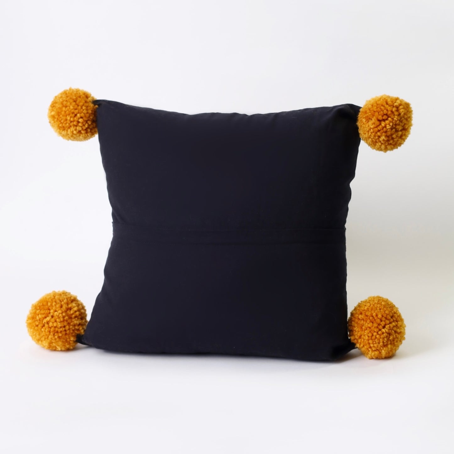 Black Embroidered rectangle cotton cushion with pompons