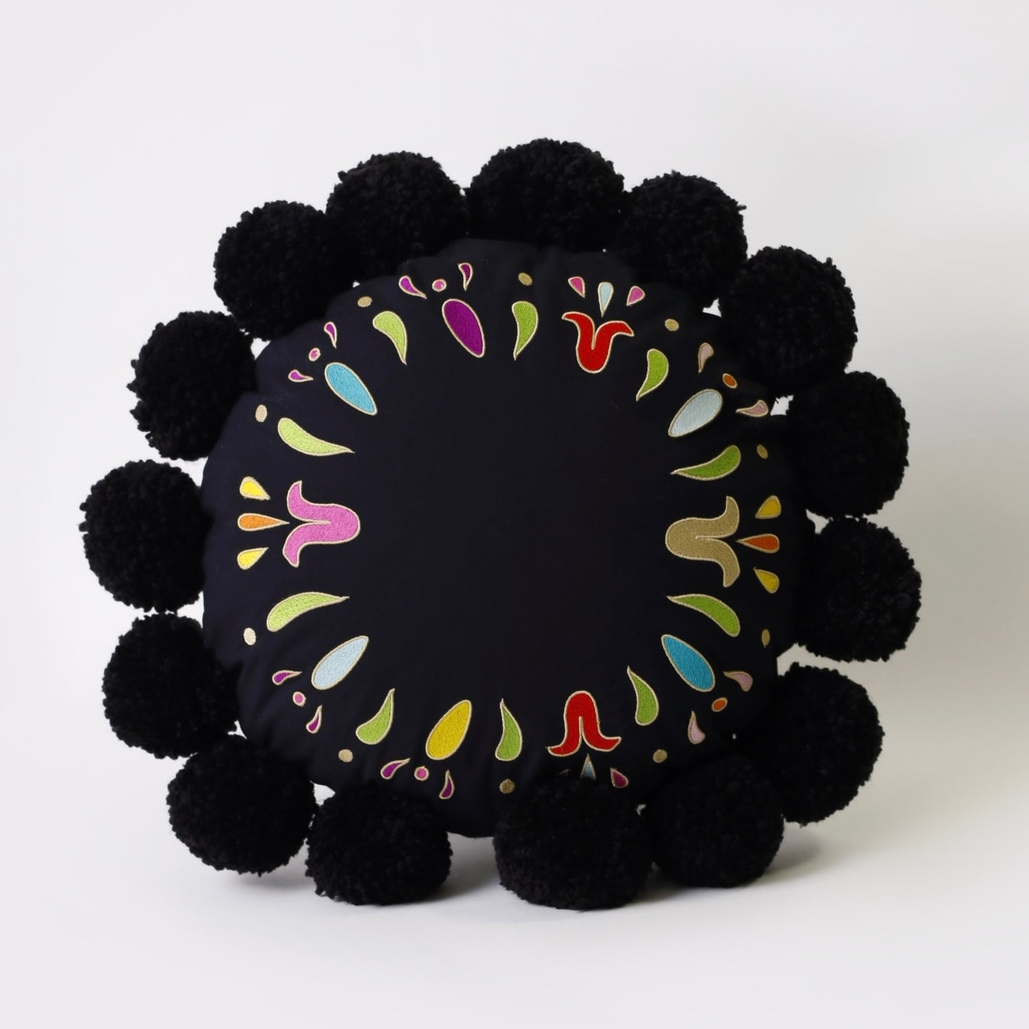 Black Embroidered Circle Cotton Cushion with pompons