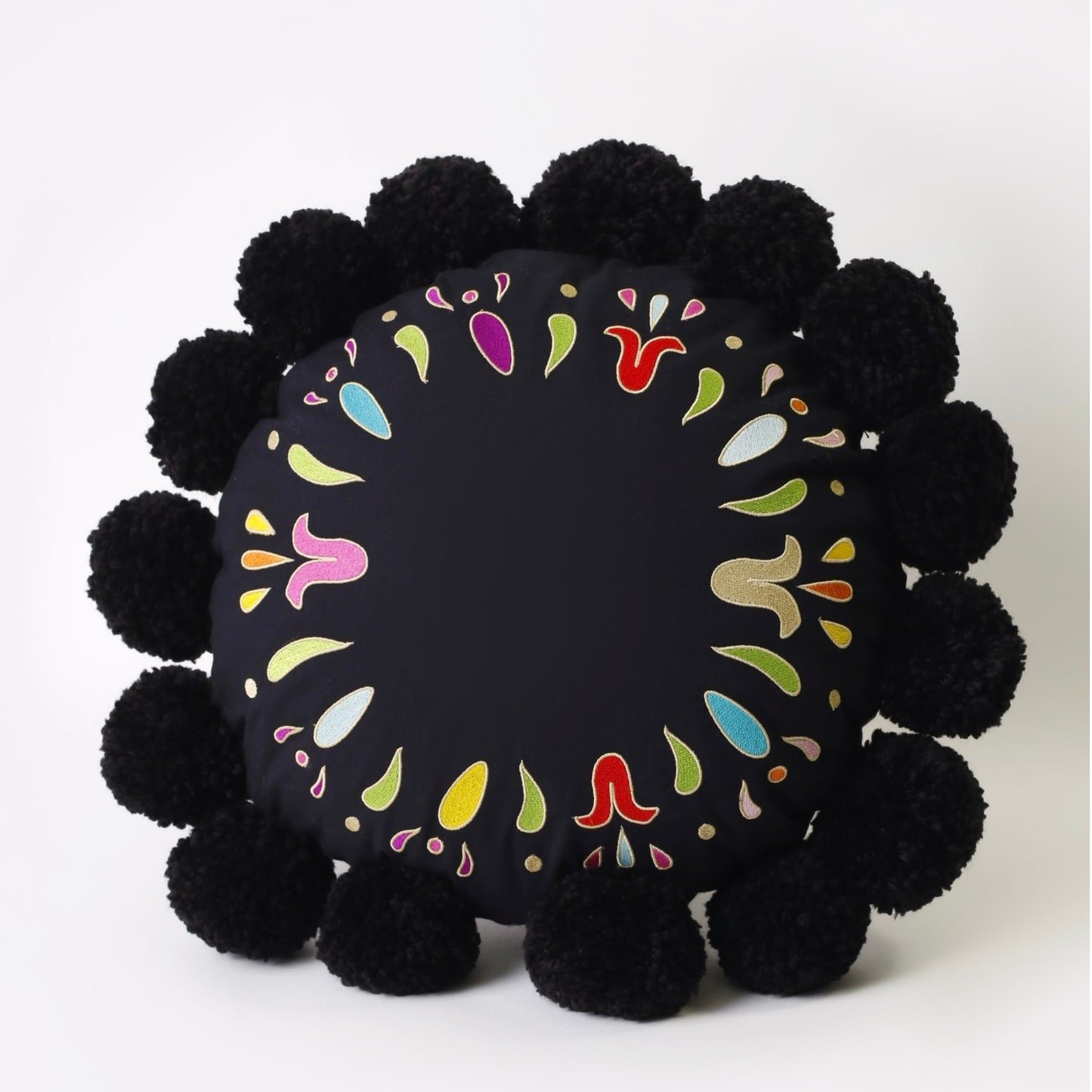 Black Embroidered Circle Cotton Cushion with pompons