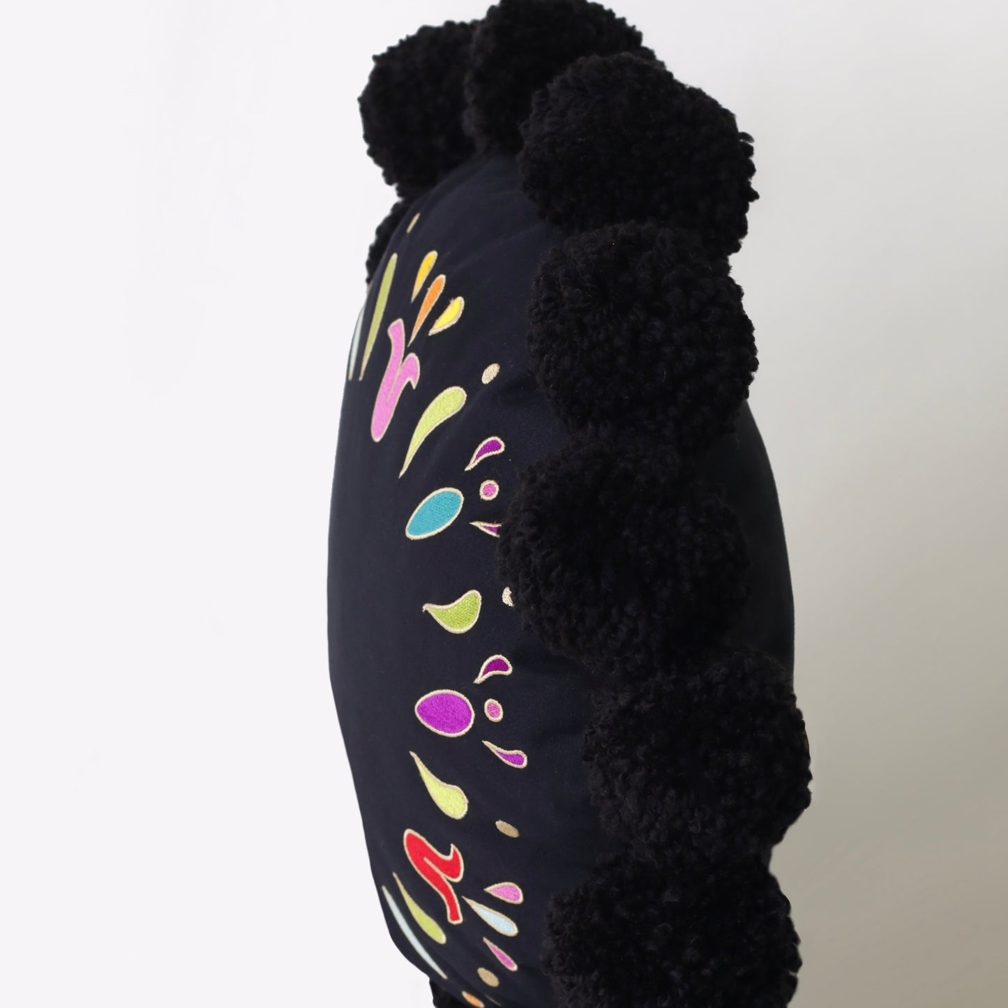 Black Embroidered Circle Cotton Cushion with pompons