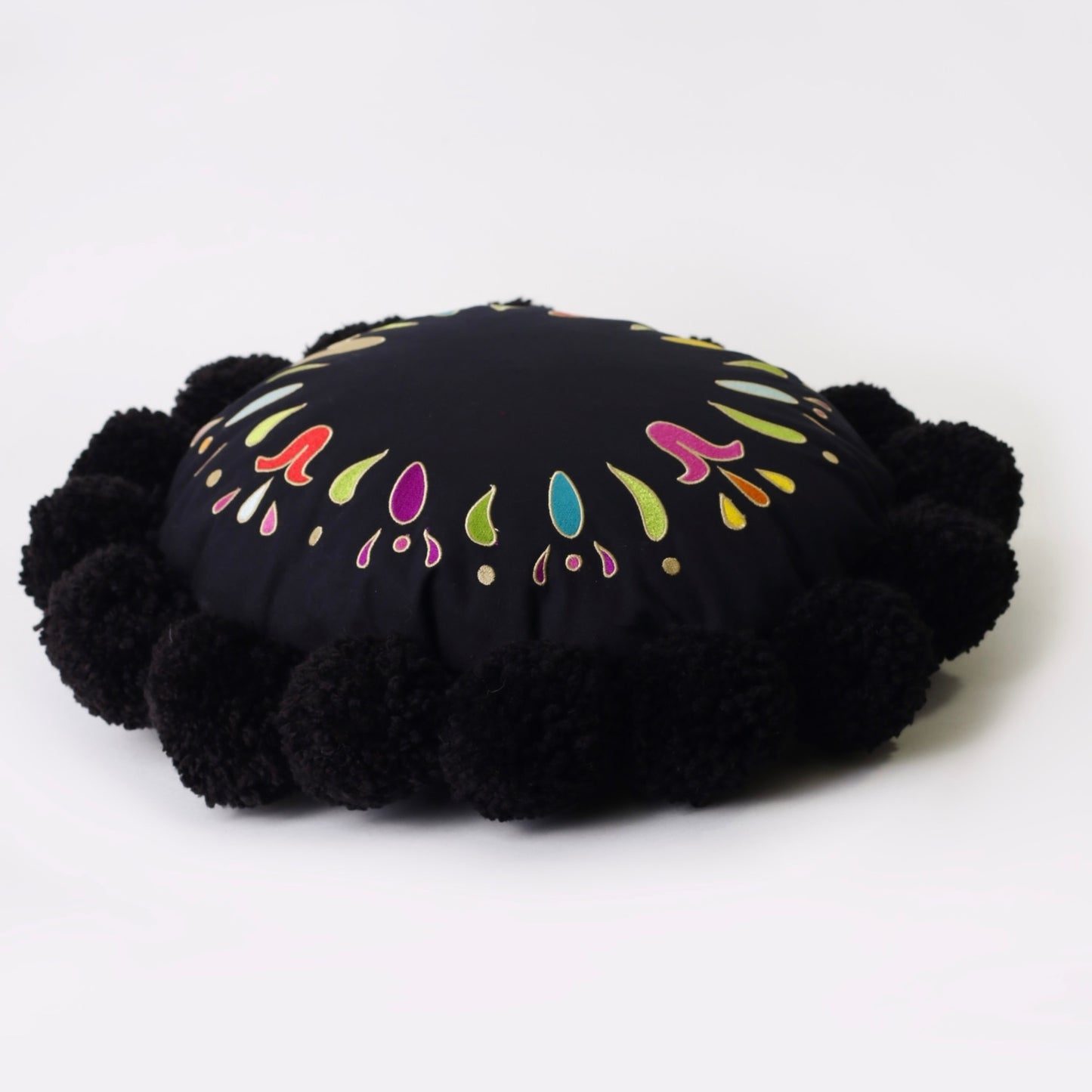 Black Embroidered Circle Cotton Cushion with pompons