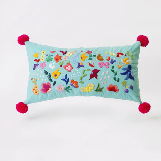 Turquoise hand embroidered cushion