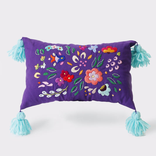 Violet hand embroidered cushion