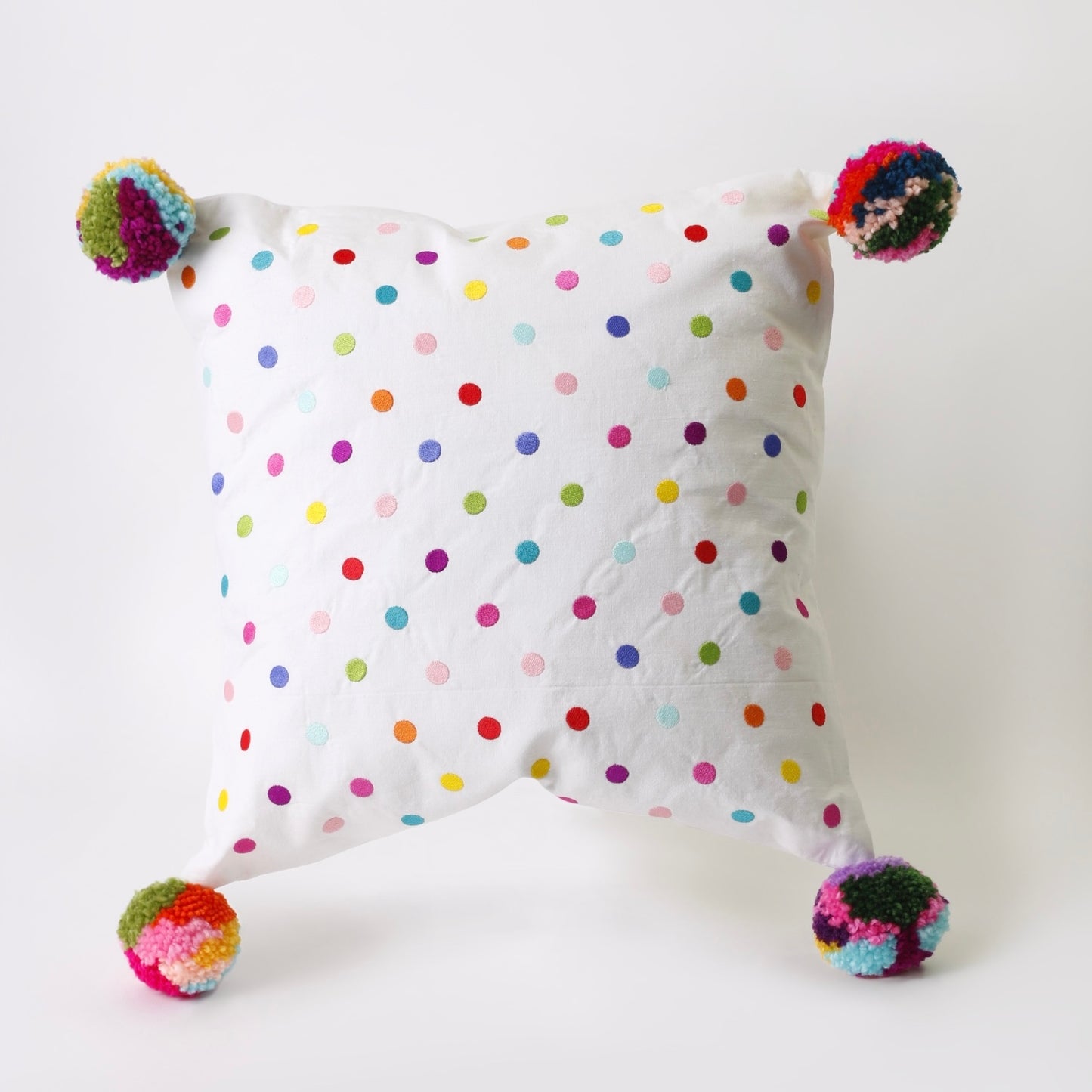 White Embroidered rectangle cotton cushion with pompons