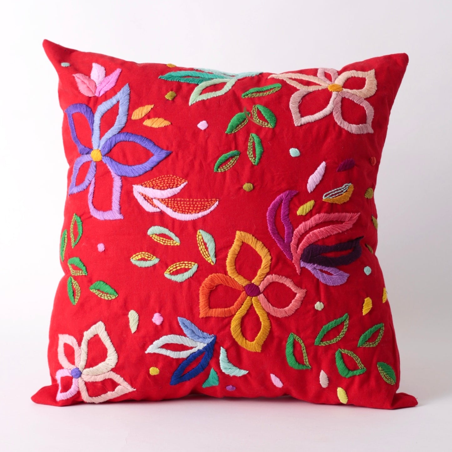 Red hand embroidered cushion