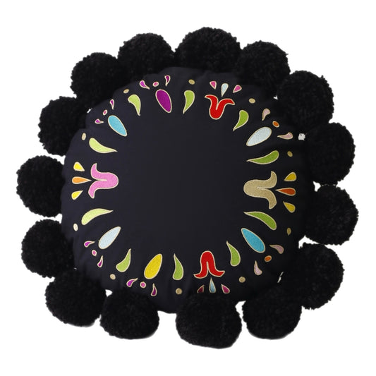 Black Embroidered Circle Cotton Cushion with pompons