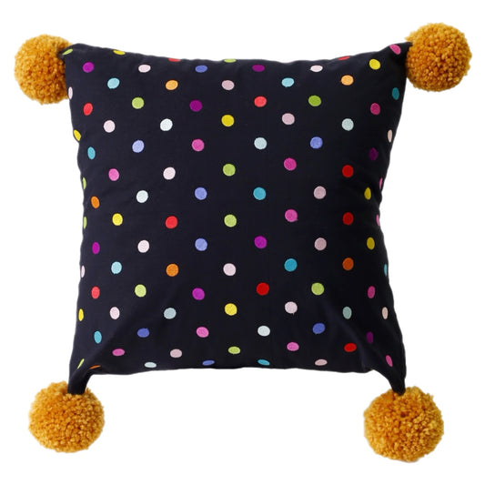 Black Embroidered cotton cushion with pompons