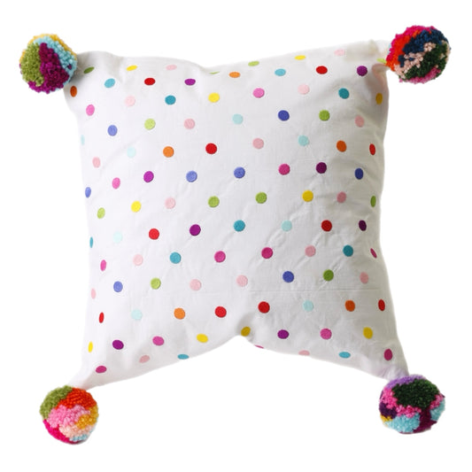 White Embroidered cotton cushion with pompons