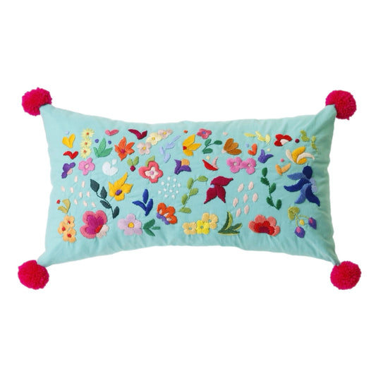 Turquoise hand embroidered cushion