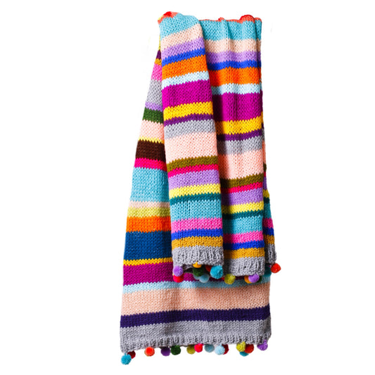 Multicoloured Stripe Knitted Blanket with Pom Poms