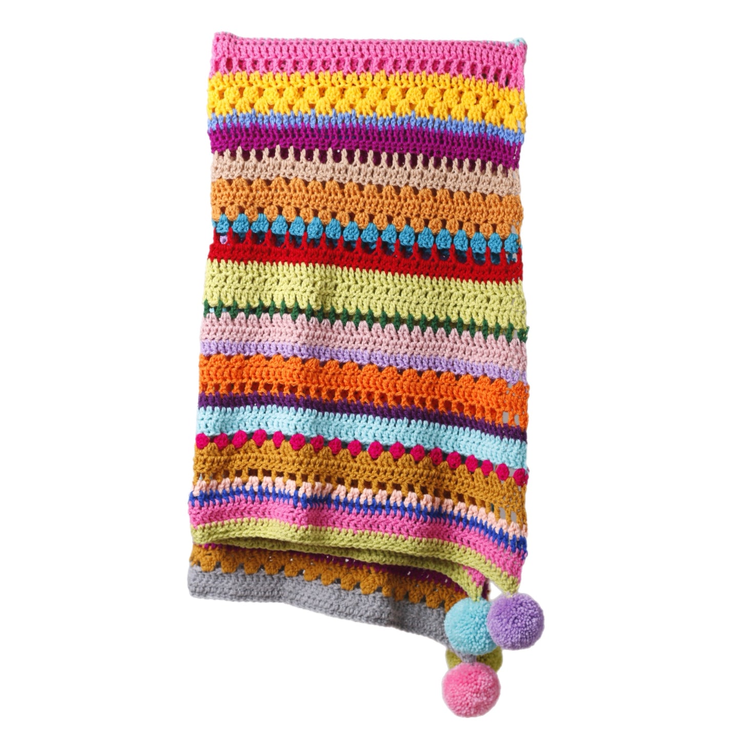 Multicolour Crochet Blanket with Pom Poms