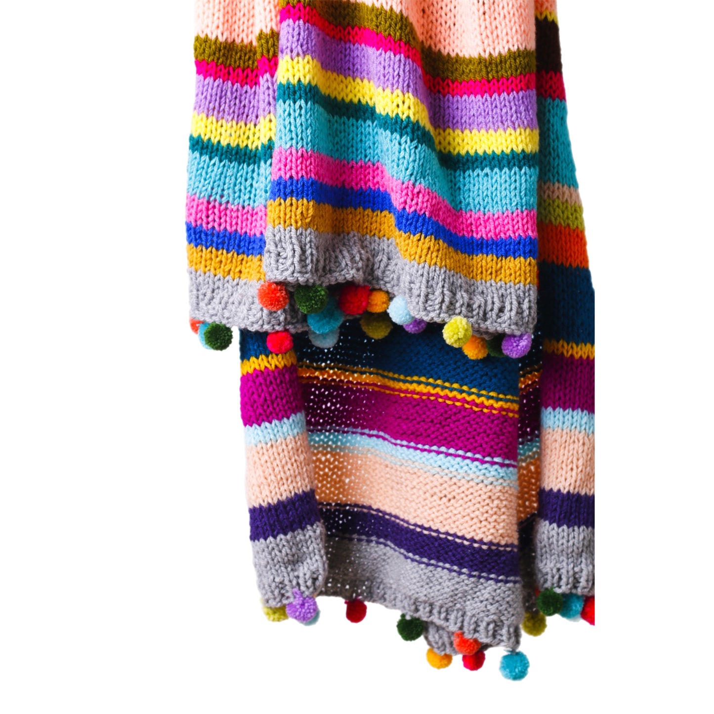Multicoloured Stripe Knitted Blanket with Pom Poms